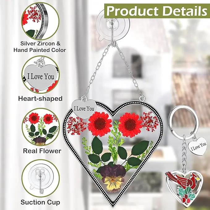 KY&BOSAM Heart Suncatcher Gift for Mom I Love You Heart Wind Chime for Windows Pressed Flower Between Heart in Glass and Metal Engraved Charm Birthday Gift for Women Mother's Day Valentine's Christmas by GreenHaven Gardens