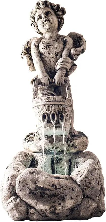 Outdoor Water Fountain With LED Lights, Lighted Cherub Angel Fountain With Antique Stone Design for Decor on Patio, Lawn and Garden By Pure Garden 10.25x15 by GreenHaven Gardens