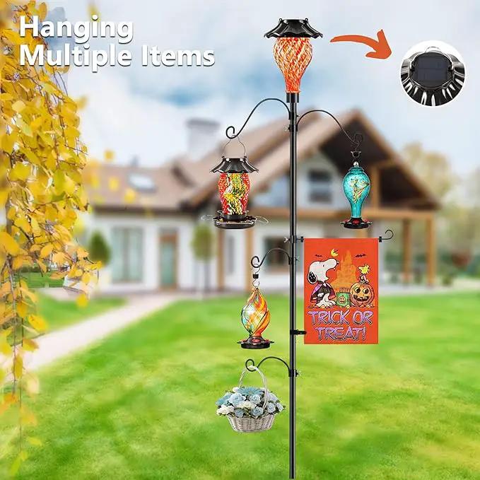 Solar Shepherds Hooks with Hand Blown Glass Lamp, Decorative RGB Lights, 4 Hooks & 1 Flag Holder, Heavy Duty Stand for Hanging Hummingbird Feeder, Bird Feeder, Plant, Garden Path Light (Red) by GreenHaven Gardens