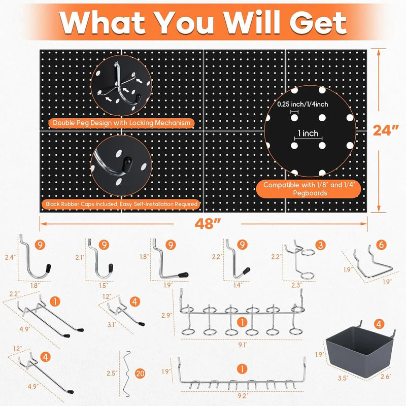 88 PCS Pegboard Panels Metal Black with Accessories Kit, Heavy Duty Steel Peg Boards Wall Tool Organizer with Screw, Bins, Hooks, Peg Locks for Garage, Tool Storage, Office, Craft Room, Kitchen by GreenHaven Gardens