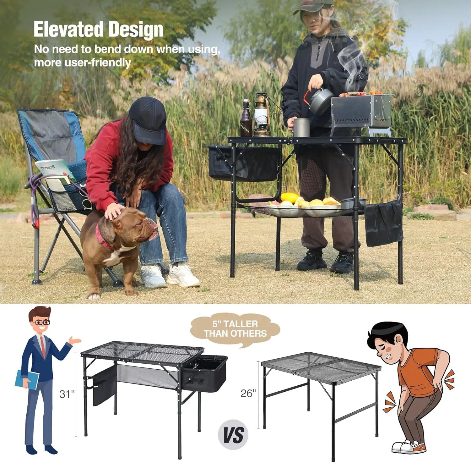 REDCAMP Folding Portable Grill Table with Sink for Outside, Lightweight Aluminum Metal Grill Stand Picnic Table for Camping Cooking BBQ RV Picnic, 2 Heights Adjustable,Black 36"x20" by GreenHaven Gardens
