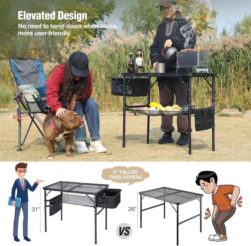 REDCAMP Folding Portable Grill Table with Sink for Outside, Lightweight Aluminum Metal Grill Stand Picnic Table for Camping Cooking BBQ RV Picnic, 2 Heights Adjustable,Black 36"x20" by GreenHaven Gardens