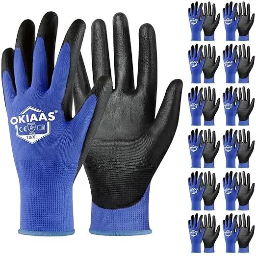 OKIAAS Work Gloves for Men，Ultra Thin and Lightweight Working Gloves with Grip, 12 Pairs Bulk Pack Construction Gloves with Polyurethane Coating, Safety Gloves for Light Duty Work (Blue, X-Large) by GreenHaven Gardens