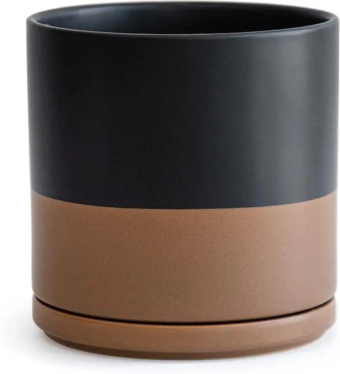 D'vine Dev 10 Inch, Ceramic Planter Pot with Drainage Hole and Saucer, Indoor Cylinder Round Planter Pot, Black/Speckled Tan, 94-O-E-7 by GreenHaven Gardens