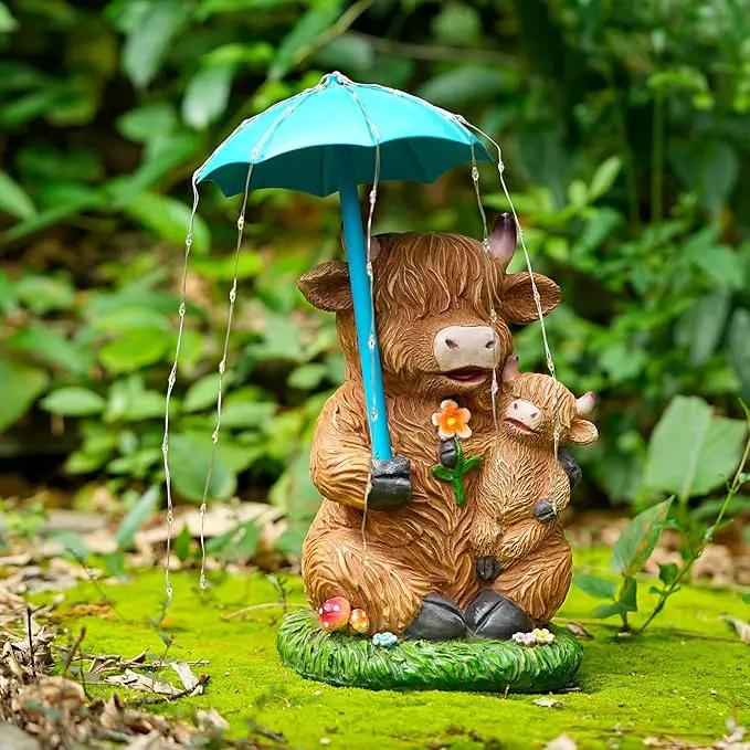 Solar Garden Statues Resin Loving Highland Cow Umbrella Lights Outdoor Decor Gifts for Yard, Patio Decorations by GreenHaven Gardens