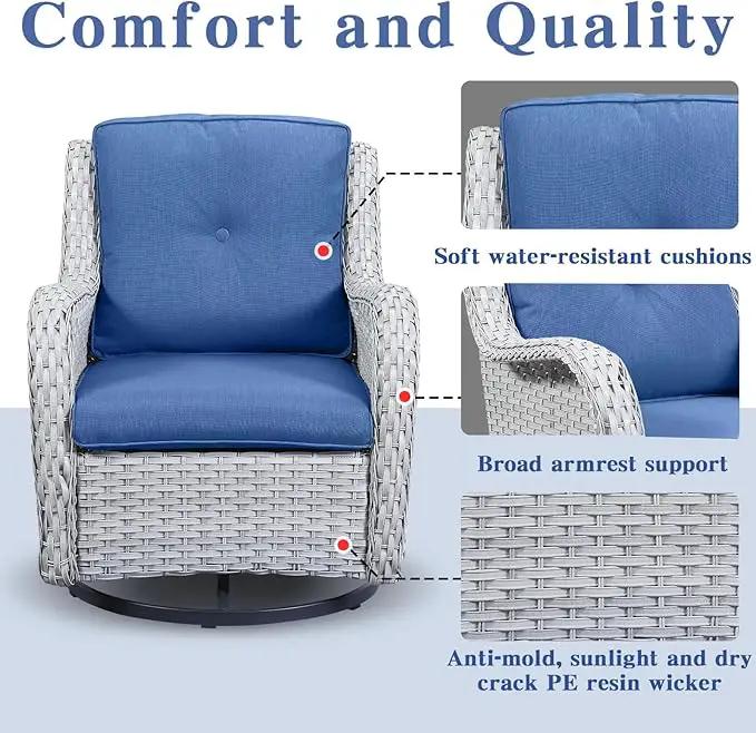5 Piece Outdoor Patio Furniture Set - Patio Wicker Furniture Conversation Set, Outdoor Swivel Rocker Chairs with Loveseat Sofa and 2 Ottomans for Small Space, Blue Cushion by GreenHaven Gardens