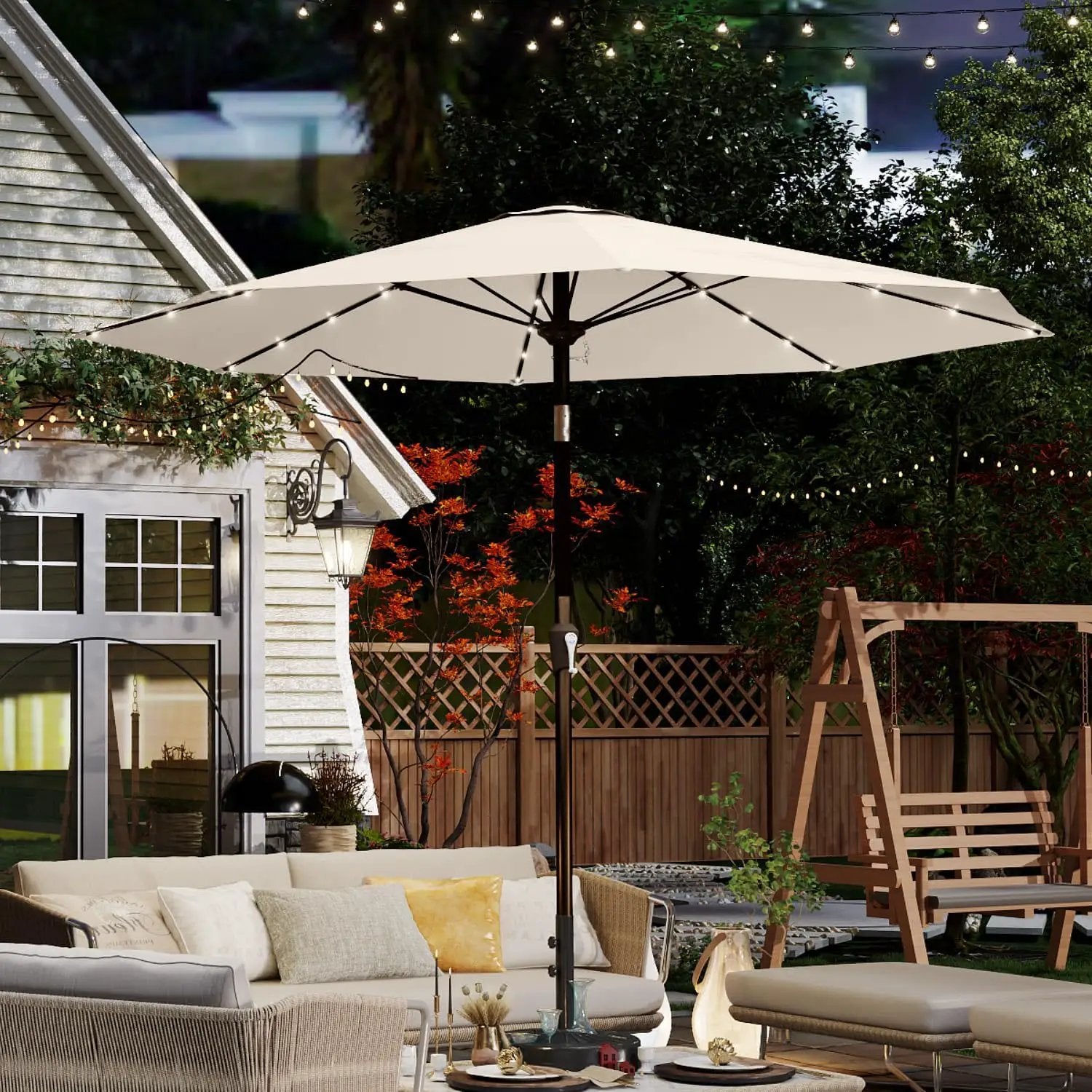 10FT Solar Umbrella 32 LED Lighted Patio Umbrella Table Market Umbrella w/Tilt and Crank, UV-Resistant Outdoor Umbrella for Pool, Garden, Deck, Creamy White by GreenHaven Gardens