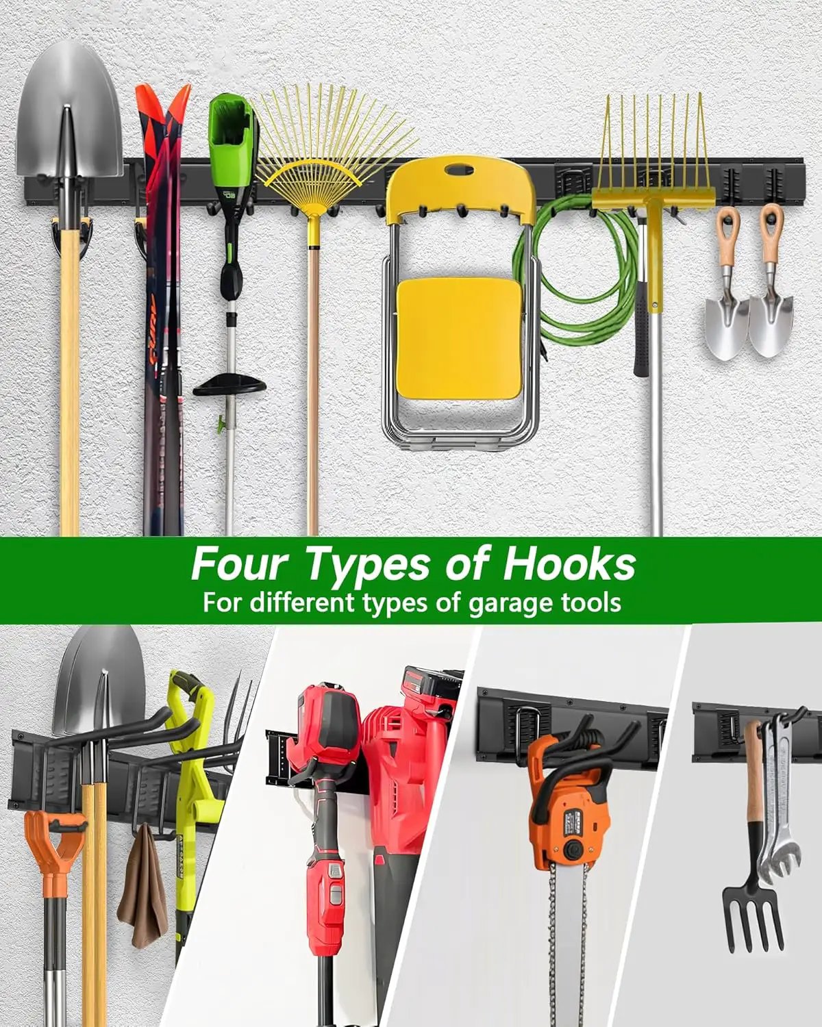 64 inches Garage Tool Organizer Wall Mount, Heavy Duty Garden Tool Organizer Rack, Hanging Storage Organization Racks Holder with 10 Hooks, for Lawn Tools, Shovel, Shed by GreenHaven Gardens