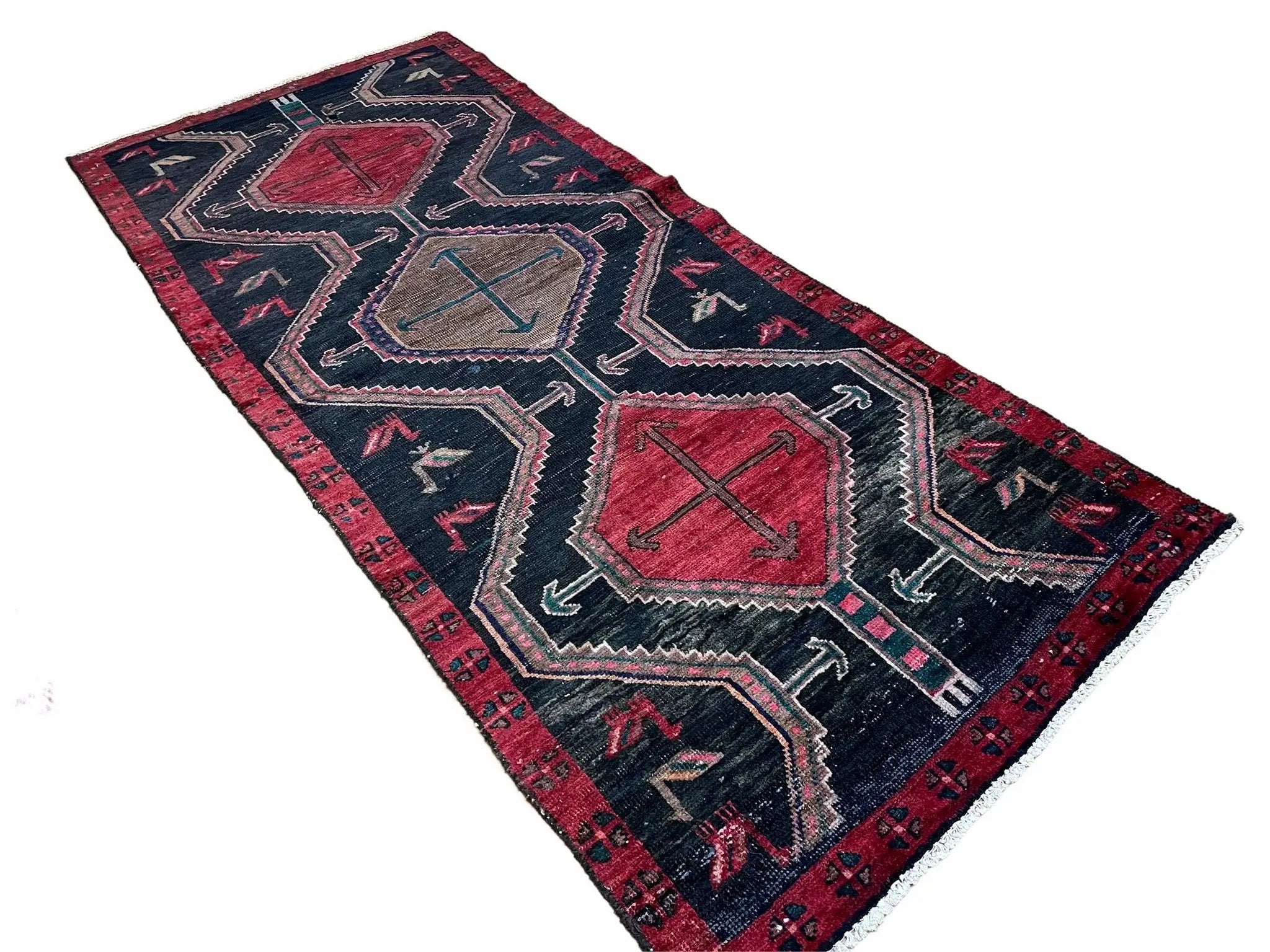 3 X 7 Handmade Wool Tribal Runner Rug Geometric Red Blue Boho Organic Dyes by Jewel Rugs