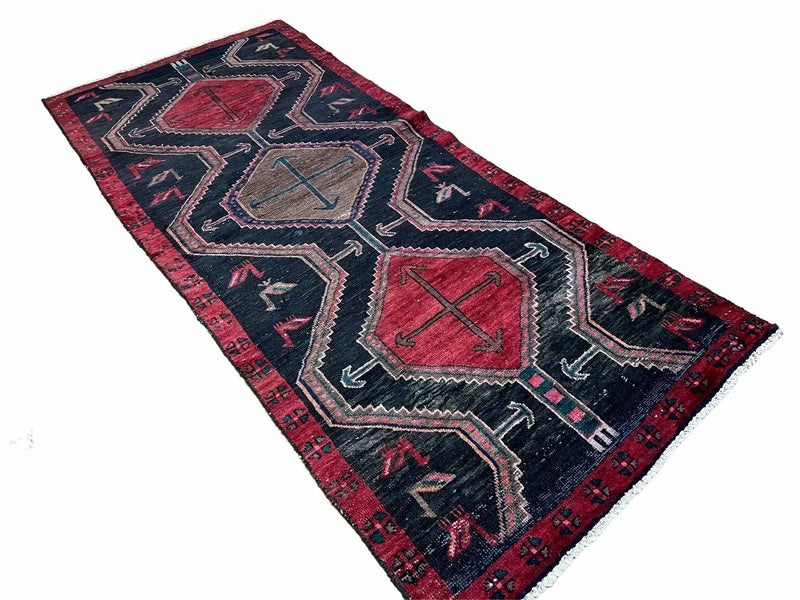 3 X 7 Handmade Wool Tribal Runner Rug Geometric Red Blue Boho Organic Dyes by Jewel Rugs