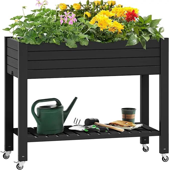 YITAHOME 43.3x17.7x34 in Elevated Garden Bed, Outdoor Plastic Planter Box with Wheels, Legs, Drain Plug, and Storage Shelf for Plants, Vegetables, Flowers, Herbs, Black by GreenHaven Gardens