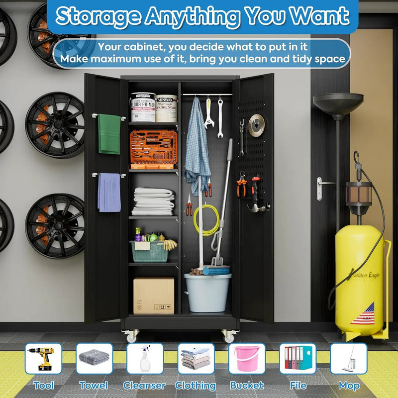 Garage Storage Cabinet with Wheels and 5 Pegboard, 71" H Metal Storage Cabinets with 2 Locking Doors and 4 Shelves, Broom Closet Storage Cabinet with Hanging Rod and 13 Hooks, Black by GreenHaven Gardens