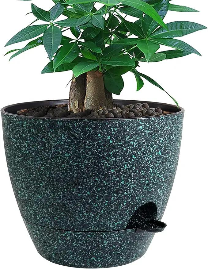 12 inch Large Self Watering Pots, Plastic Planters with 60oZ Removable Deep Reservoir and Multi Mesh Drainage Holes for Indoor Outdoor Garden Plants and Flowers, Black with Green Speckles by GreenHaven Gardens
