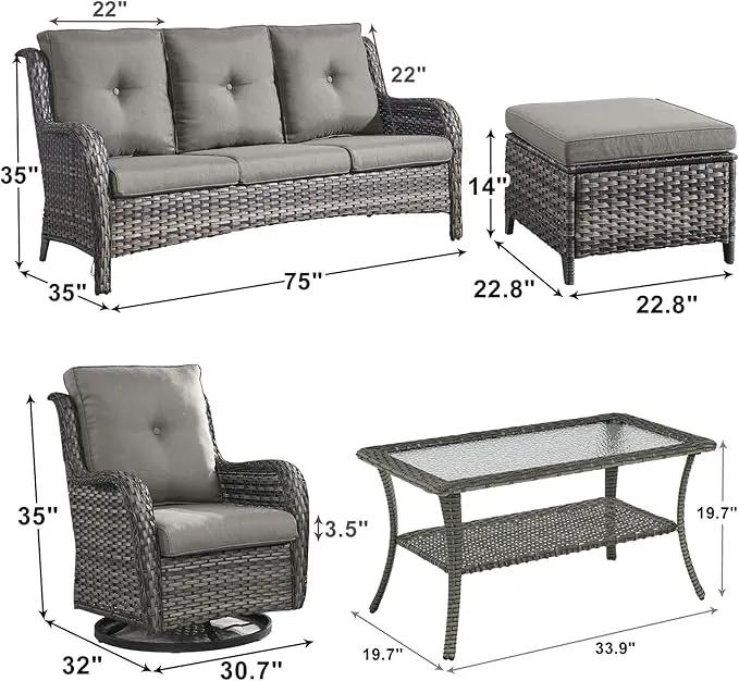 Outdoor Wicker Patio Furniture Set - 6 Piece Rattan Patio Conversation Set with 2 Rocking Swivel Chairs,2 Ottomans,1 Sofa and 1 Coffee Table for Porch Deck Backyard Garden(Mixed Grey/Grey) by GreenHaven Gardens