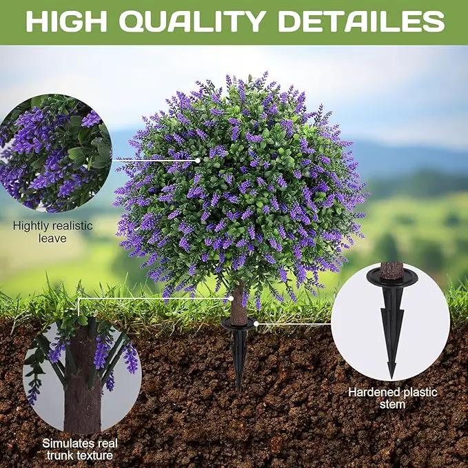 Artificial Lavender Topiary Ball Tree 25" with Ground Spike, Set of 2 Artificial Boxwood Bushes for Faux Shrubs, Fake Evergreen Faux Plant for Indoor Outdoor Porch Garden -UV Resistant–Fade-Proof by GreenHaven Gardens