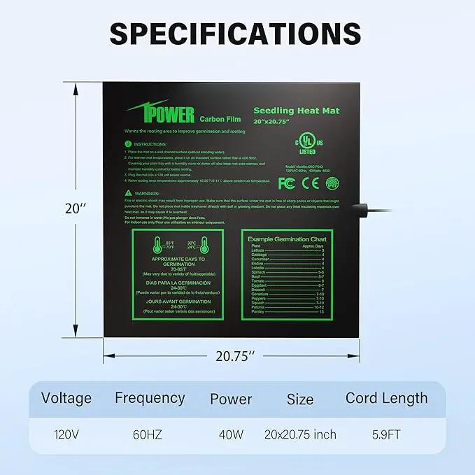 iPower Seeding Heat Mat Upgraded Carbon Film Indoor Warm Hydroponic Plant Germination Starting Pad Durable Waterproof, 20" x 20.75", Black by GreenHaven Gardens