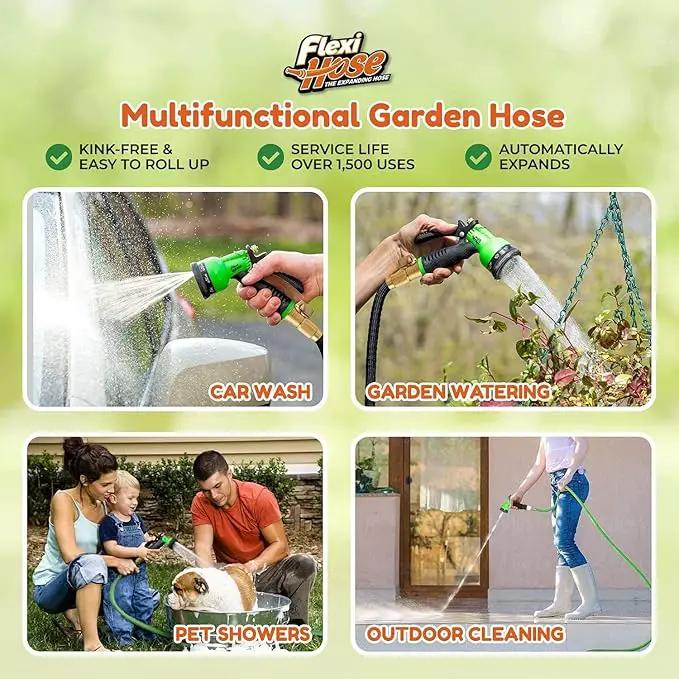 Flexi Hose with 8 Function Nozzle, 50FT - Lightweight Expandable Garden Hose, No-Kink Flexibility, 3/4 Inch Solid Brass Fittings and Double Latex Core by GreenHaven Gardens