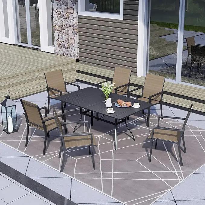 Outdoor Patio Table for 6 Person, Patio Dining Rectangle Table with 1.57" Umbrella Hole for Garden Lawn Backyard Parties, Black Metal Frame 63" L x 38" W x 28" H by GreenHaven Gardens
