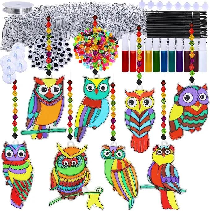 Winlyn 24 Sets Owl Suncatchers Ornaments Decorations DIY Window Paint Art Suncatchers Owl Craft Kits Sun Catchers for Kids Home Classroom Winter Holiday Season Fall Christmas Activities Party Favors by GreenHaven Gardens