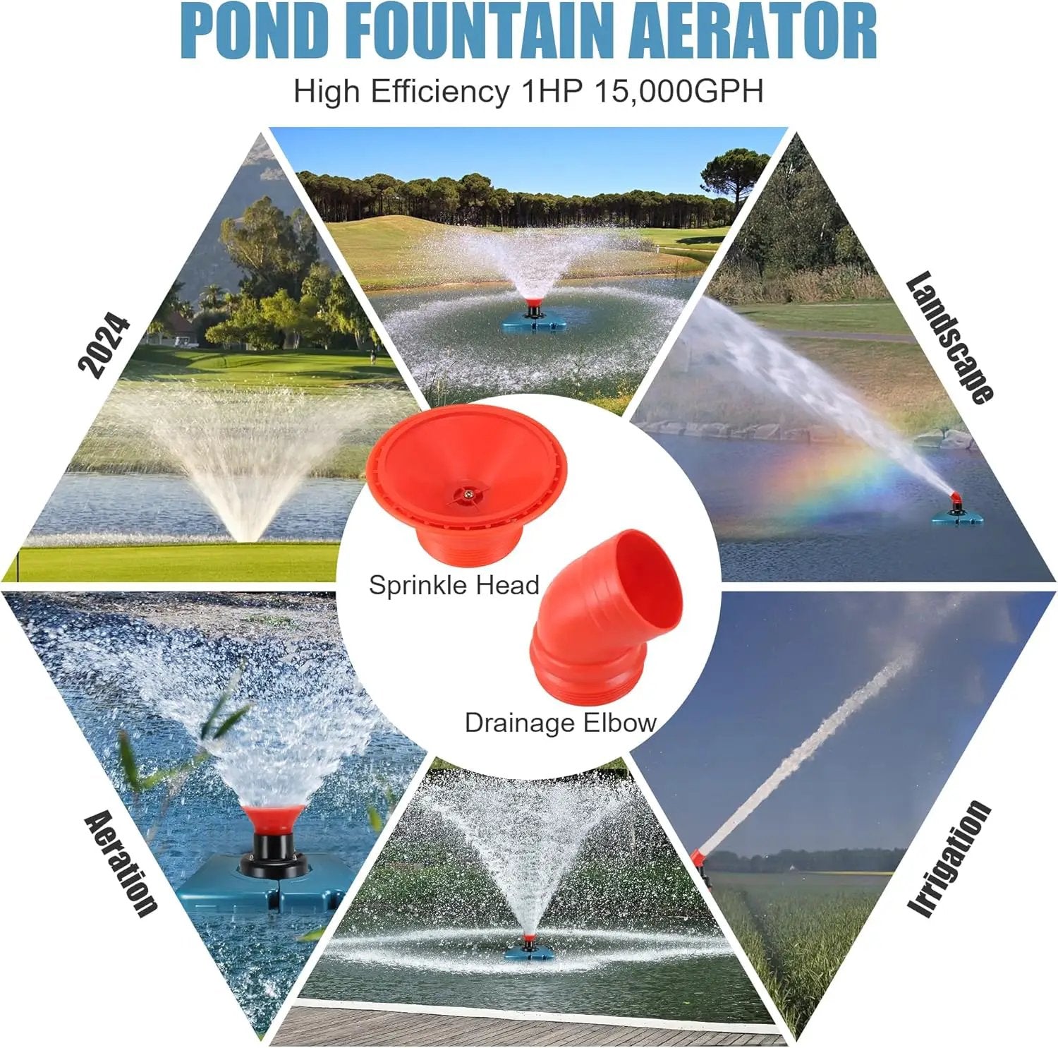 Goldlife Pond Fountain Aerator, F2-2 1HP 750W 110V Stainless Steel Floating Fountain With 100 Feet Power Cord, Aerating Fountain Pond Cascade Pump for Small Large Ponds Lake Jet System by GreenHaven Gardens