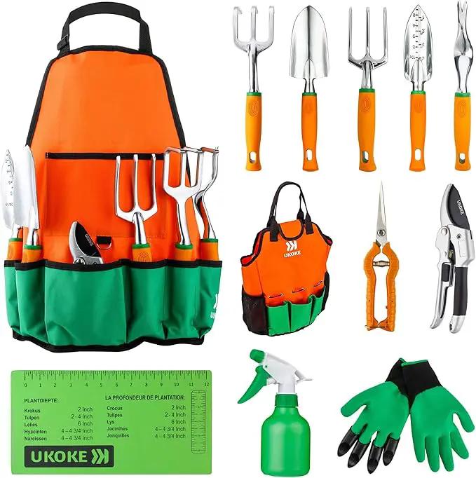 UKOKE Garden Tool Set, 12 Piece Aluminum Hand Tool Kit, Garden Canvas Apron with Storage Pocket, Outdoor Tool, Heavy Duty Gardening Work Set with Ergonomic Handle, Gardening Tools for women men by GreenHaven Gardens
