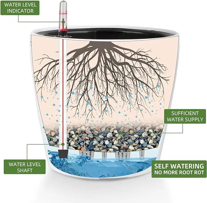 Dexceder 11x10 Inches High Gloss Self Watering Planter Indoor Outdoor, Inner Pot Design, Thickened Table Flower Plant Pot with Water Level Indicator (White) by GreenHaven Gardens