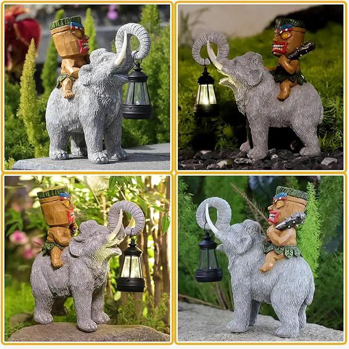 Solar Tiki Statue-Outdoor Statues-Tiki Bar Decor-Solar Powered Light Garden Figurine Tiki Decoration for Bar,Patio,Balcony,Yard,Lawn,Table,Riding A Elephant 9.09 Inches Tall by GreenHaven Gardens