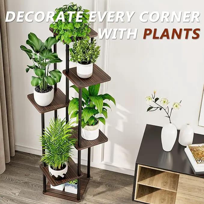 AZERPIAN Plant Stand 6 Tier Indoor Metal Flower Shelf for Multiple Plants Corner Tall Flower Holders for Patio Garden Living Room Balcony Bedroom, Black Oak by GreenHaven Gardens