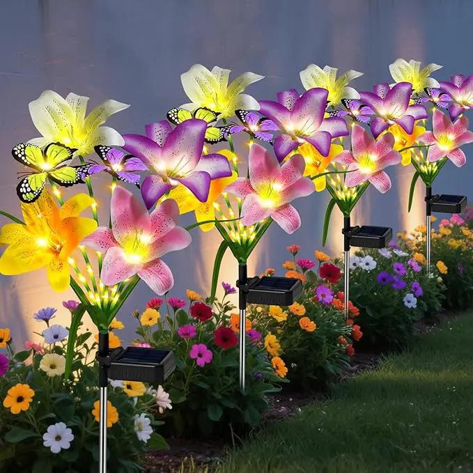 Solar Garden Lights Outdoor, 4 Pack Flower Lights for Outside, 16 Solar Lilies with Butterflies, Waterproof Garden Decor for Yard, Patio, Gifts for Women Mom (4 pcs Lilies) by GreenHaven Gardens