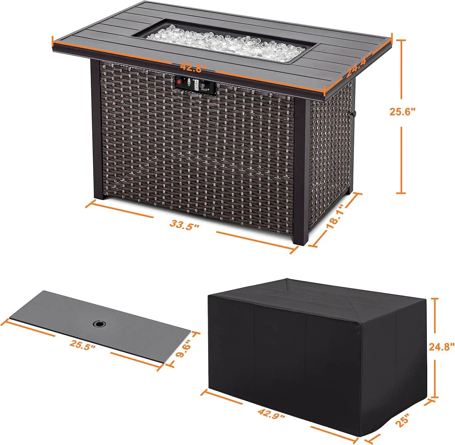 Nuu Garden 43 Inch Propane Fire Pit Table, CSA Certified 50,000 BTU Outdoor Patio Propane Fire Pit Table with 7 lbs Glass Stone and Removable Lid, Aluminum Tabletop, Water-Proof Oxford Cover, Brown by GreenHaven Gardens