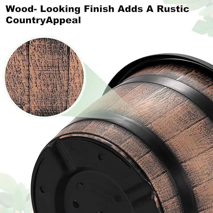 Quarut Large Plastic 4 Pack14 inch Plant Pots,Whiskey Barrel Planters with Drainage Holes & Saucer.Flower Pots Imitation Wine Barrel Design for Indoor & Outdoor Garden Balcony Plants.5 Gallons(Brown) by GreenHaven Gardens