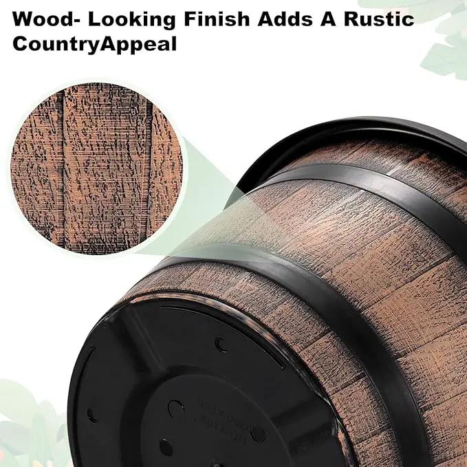 Quarut Large Plastic 3 Pack16 inch Plant Pots,Whiskey Barrel Planters with Drainage Holes & Saucer.Flower Pots Imitation Wine Barrel Design for Indoor & Outdoor Garden Balcony Plants.7 Gallons(Brown) by GreenHaven Gardens