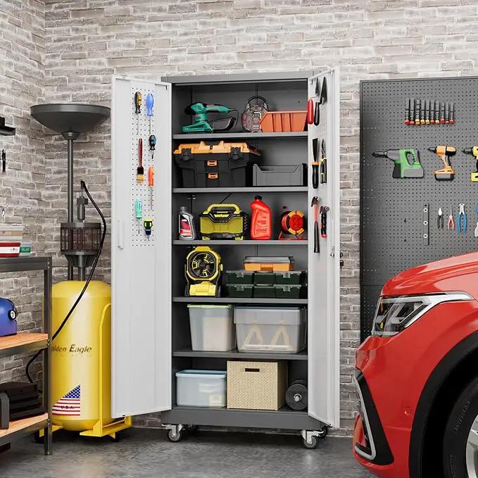 71" H×32" W×16" D Garage Storage Cabinet with Wheels & Pegboard, Locking Metal Storage Cabinet with Doors and 5 Adjustable Shelves & & 4 Hooks for Garage Warehouse Home Office, White and Gray by GreenHaven Gardens