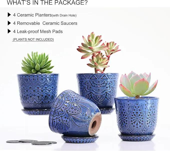 Gepege Succulent Pots, 4 Inch Small Indoor Ceramic Planter Pot with Drainage Holes and Saucers for Plants- Blue - Set of 4 by GreenHaven Gardens