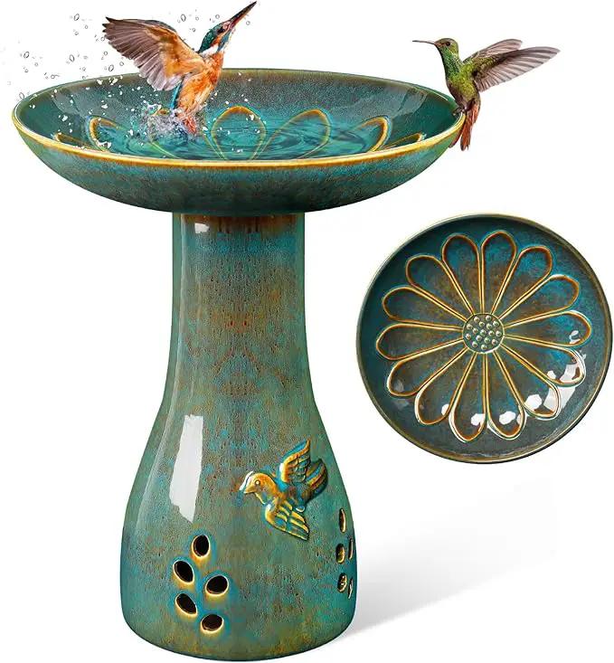 Ceramic Bird Bath for Outdoors, 21.5 inch Heavy Duty Bird Bath，Weather-Resistant Birdbath for Outdoor Garden Use, Attracts Birds, Elegant Yard Décor - Blue by GreenHaven Gardens