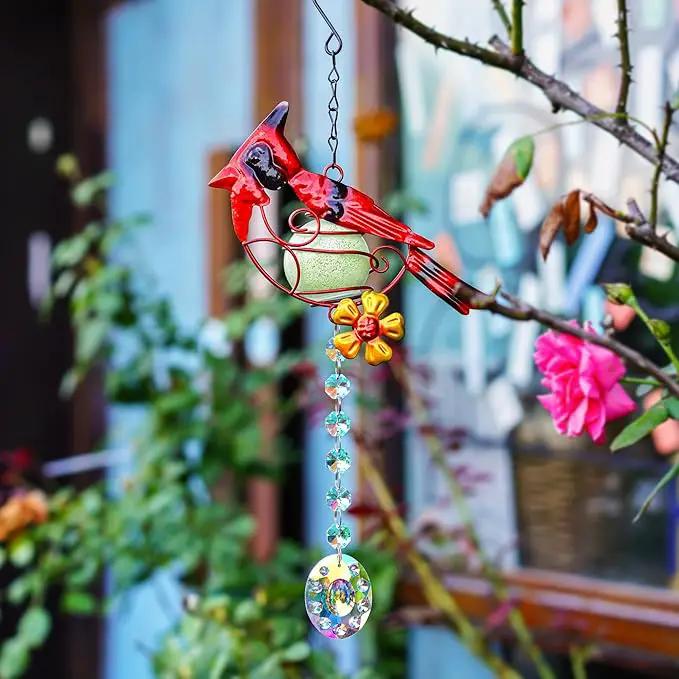 13inch Stained Metal Cardinal Birds Sun Catcher Decorative Window Hanging Ornament Crystals Prism Suncathers Red Bird for Home Garden Decor by GreenHaven Gardens