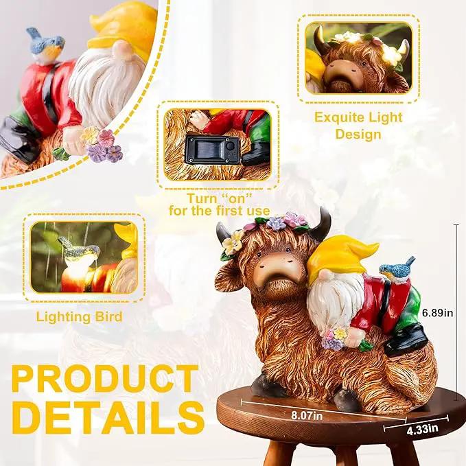 Garden Gnome Statue - Highland Cow with Solar Flower LED Lights and Bird - Funny Outdoor Decor for Table, Patio, Lawn - Unique Birthday Gifts for Mom, Women, and Christmas Decorations by GreenHaven Gardens