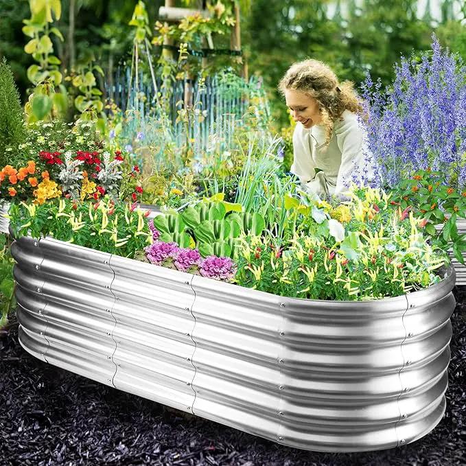 17" Tall Outdoor Garden Raised Garden Bed Kits, 5ft X 2ft Oval,0.8MM Thick Metal Raised Planter Bed/Ground Planter Box for Variety of Flowers,Herbs,Vegetables (Silver, 60X24X16.5 Inches) by GreenHaven Gardens