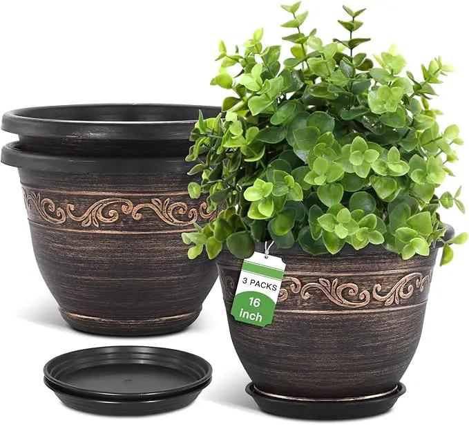 Plastic-Plant-Flower-Planters-16 Inch with Drainage Hole & Saucer, 3 Packs Lightweight Small Resin Flower Pot Indoor Outdoor, Retro Antique Imitation Decorative Garden Containers Sets for Houseplants by GreenHaven Gardens