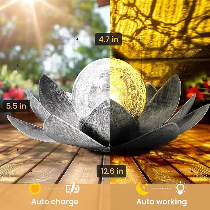 GIGALUMI Solar Light Outdoor Garden Decor, Lotus Flower Light Crackle Globe Glass Lantern Outdoor Table Decor Waterproof for Patio, Lawn, Pathway, Pool, Pond (Grey Petal) by GreenHaven Gardens