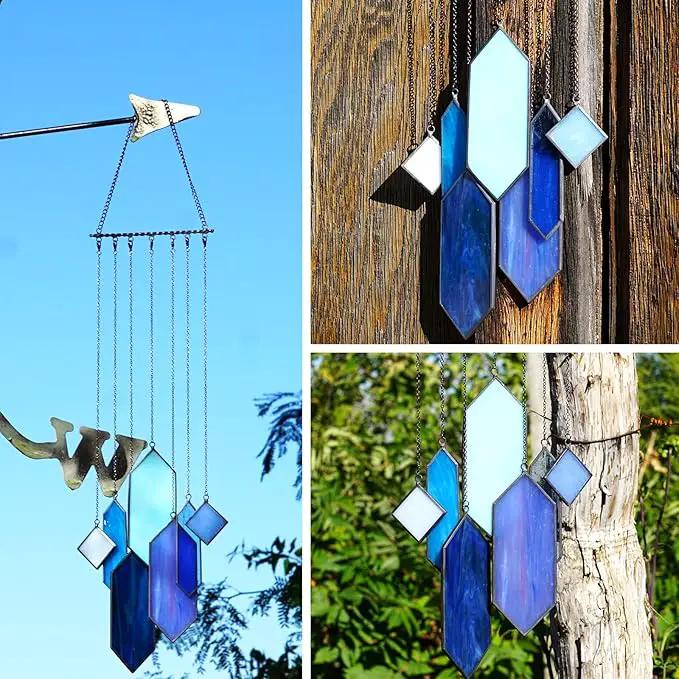 Stained Glass Window Hanging Sun Catcher - Blue Wall Art, Earth Tones Modern Design, Fully Assembled, Ready to Hang, Home or Garden Decor by GreenHaven Gardens