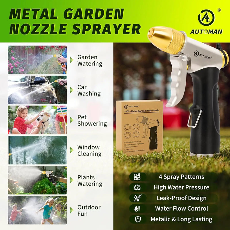 AUTOMAN Metal Hose Nozzle, High Pressure Garden Hose Sprayer, 100% Metal Water Hose Nozzle, Adjustable Watering Nozzle, Heavy Duty Garden Nozzle for Watering Plants & Lawns, Washing Cars & Pets by GreenHaven Gardens