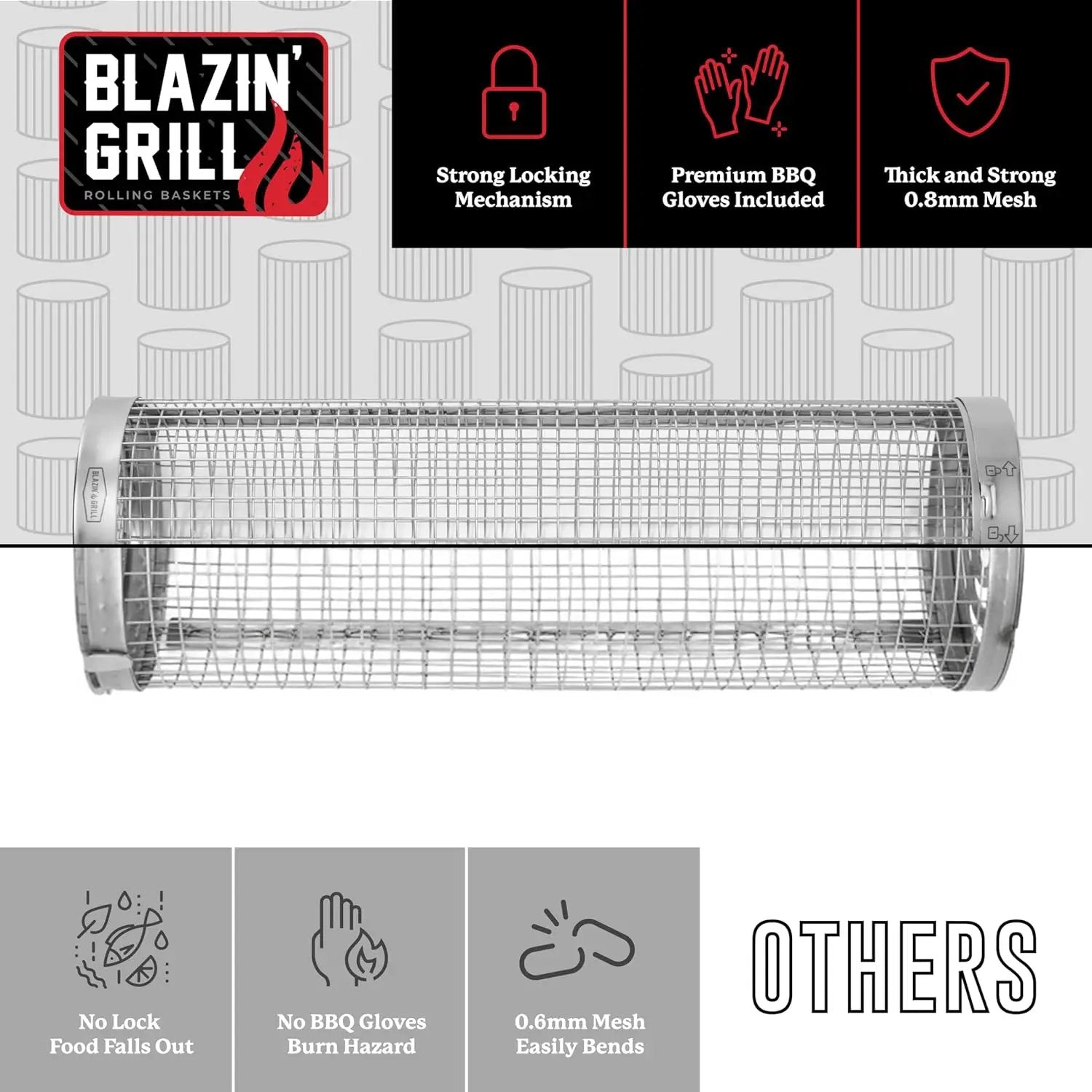 BLAZIN' GRILL Rolling Grill Basket | Rolling Grilling Baskets for Outdoor Grilling 2 Pcs | Barbecue Grill Set with BBQ Gloves | Portable Camping Net Rack Perfect for Vegetables, Seafood & Meat by GreenHaven Gardens