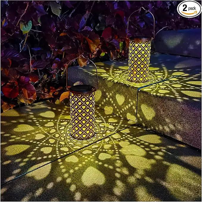 2 Pack Solar Lanterns Outdoor Hanging Heart Pattern Decor Lantern,Waterproof Hollow Out Metal Decorative Garden Light,Graceful Decoration for Patio,Yard,Landscape,Walkway,Festival by GreenHaven Gardens