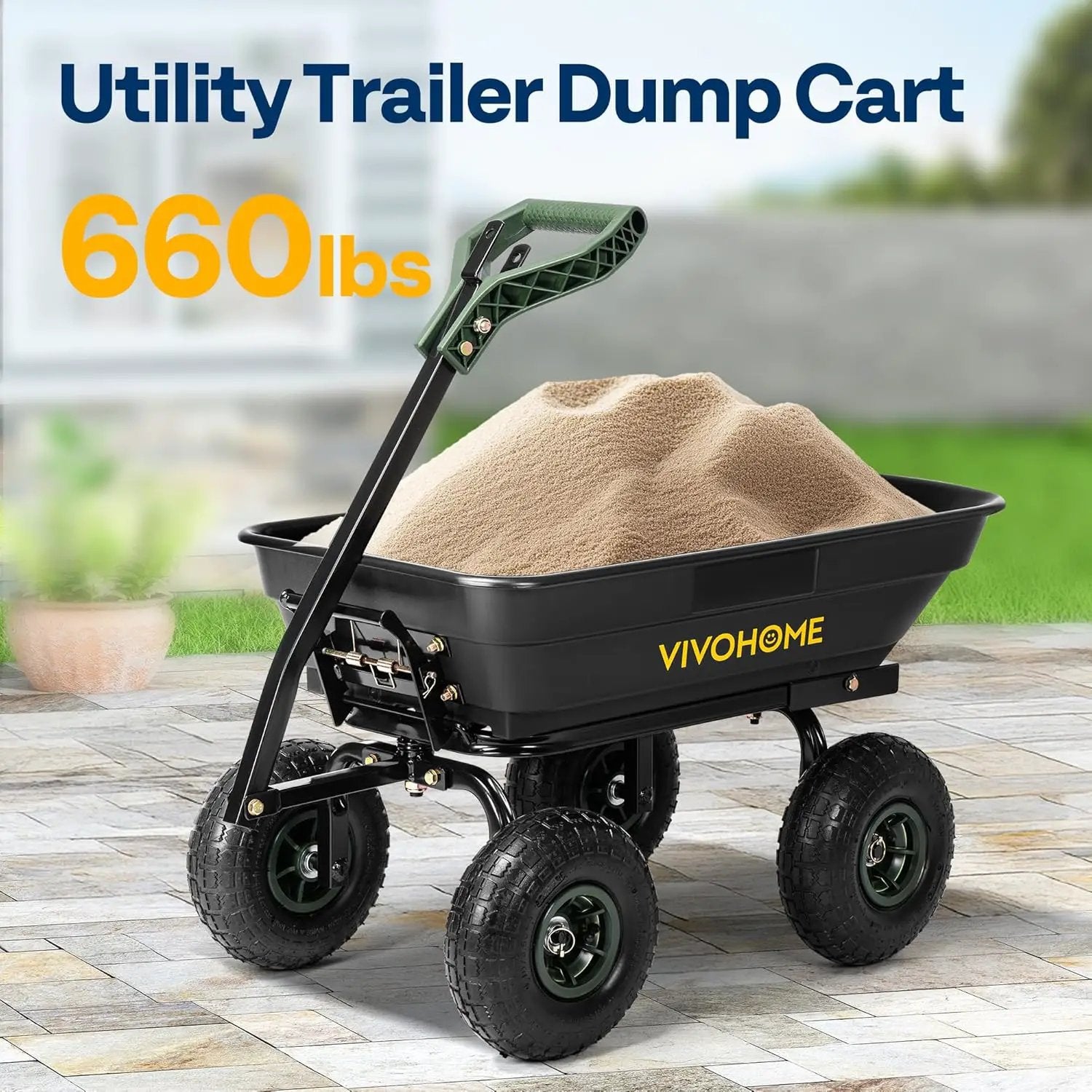 VIVOHOME 4 Cu.Ft 660lbs Wheelbarrow Garden Cart Dump Wagon with 2-in-1 Convertible Handle Attach to ATV or Tractor, 10" All Terrain Wheels, Quick Release System, Heavy Duty Utility Trailer for Yard by GreenHaven Gardens