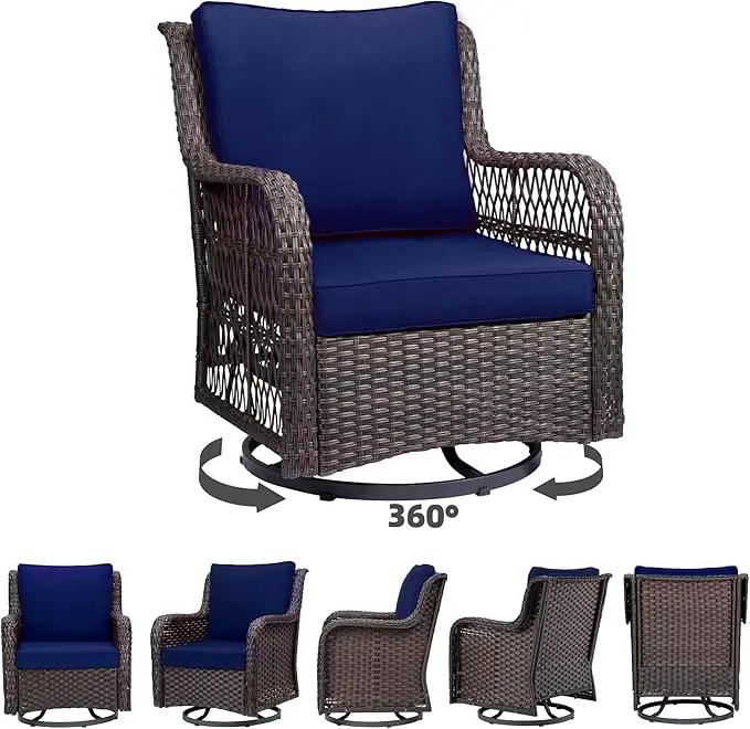 Towallmark Outdoor Swivel Wicker Glider Patio Chairs with Table Set, 3 Pieces Outdoor Bistro Set with 4”Thick Cushions and Coffee Table for Porch, Balcony, Deck (Blue) by GreenHaven Gardens
