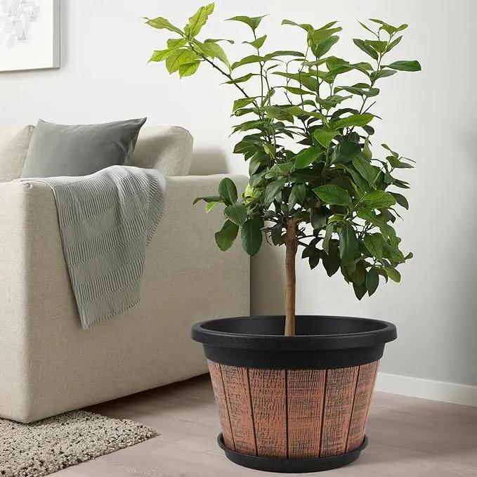 Quarut Large 4 Pack 16 inch Plant Pots,Whiskey Barrel Planters with Drainage Holes & Saucer,Plastic Decoration Flower Pots Retro Design,Planters for Outdoor Indoor Garden Balcony Plants (Brown) by GreenHaven Gardens