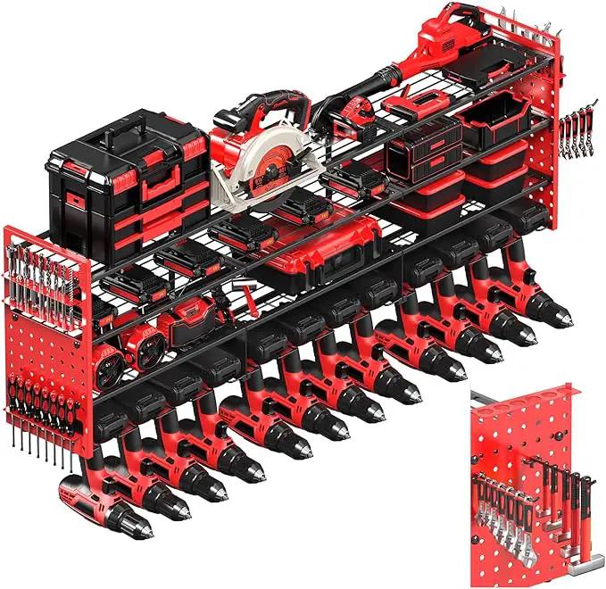 Power Tool Organizer Wall Mount with 12 Drills Holder, 49" Heavy Duty 4-Tier Power Tool Storage Rack, DIY Pegboard Side Panels,4 Long Hooks, Garage Metal Tool Shelf for Battery,Drills by GreenHaven Gardens