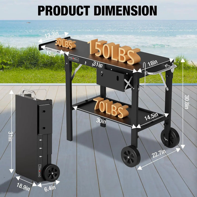 Outdoor Grill Table, Folding Grill Cart with Pull-out Side Table, Blackstone Griddle Stand, Fit 17 Inch Or 22 Inch, Stainless Steel BBQ Prep Station, Pizza Oven Stand by GreenHaven Gardens
