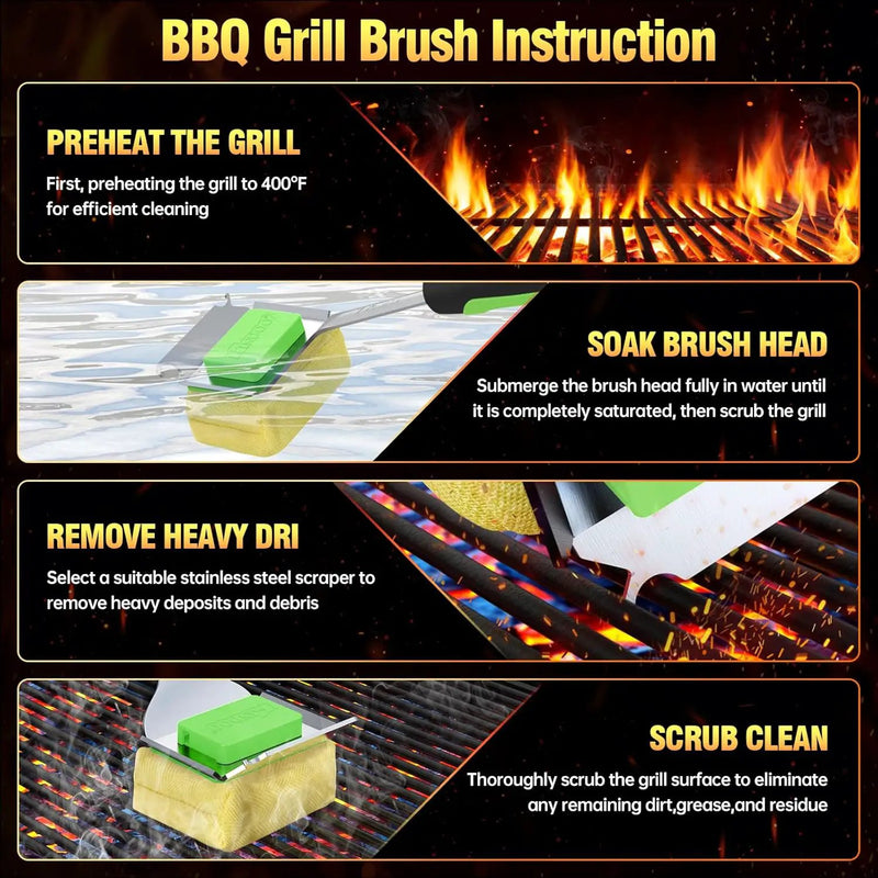 Grill Brush Bristle Free for Outdoor Grill, Steam Grill Cleaning Brush Replaceable BBQ Cleaner Brush Head,Extended Handle, Safe Grill Brush with Scraper for Cast Iron Stainless-Steel Grates, Green by GreenHaven Gardens